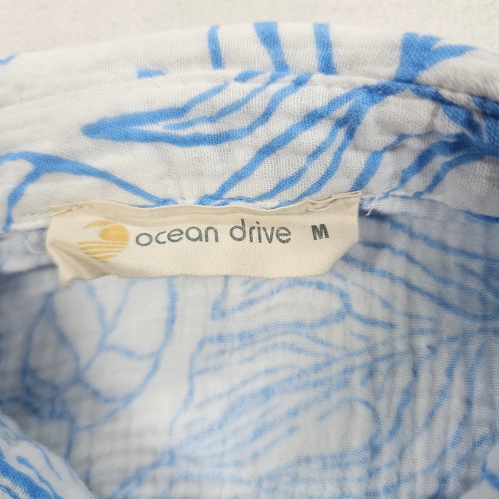 Ocean Drive Womens Blue White Tropical Floral Cotton Gauze Button Down Shirt M - Picture 2 of 6